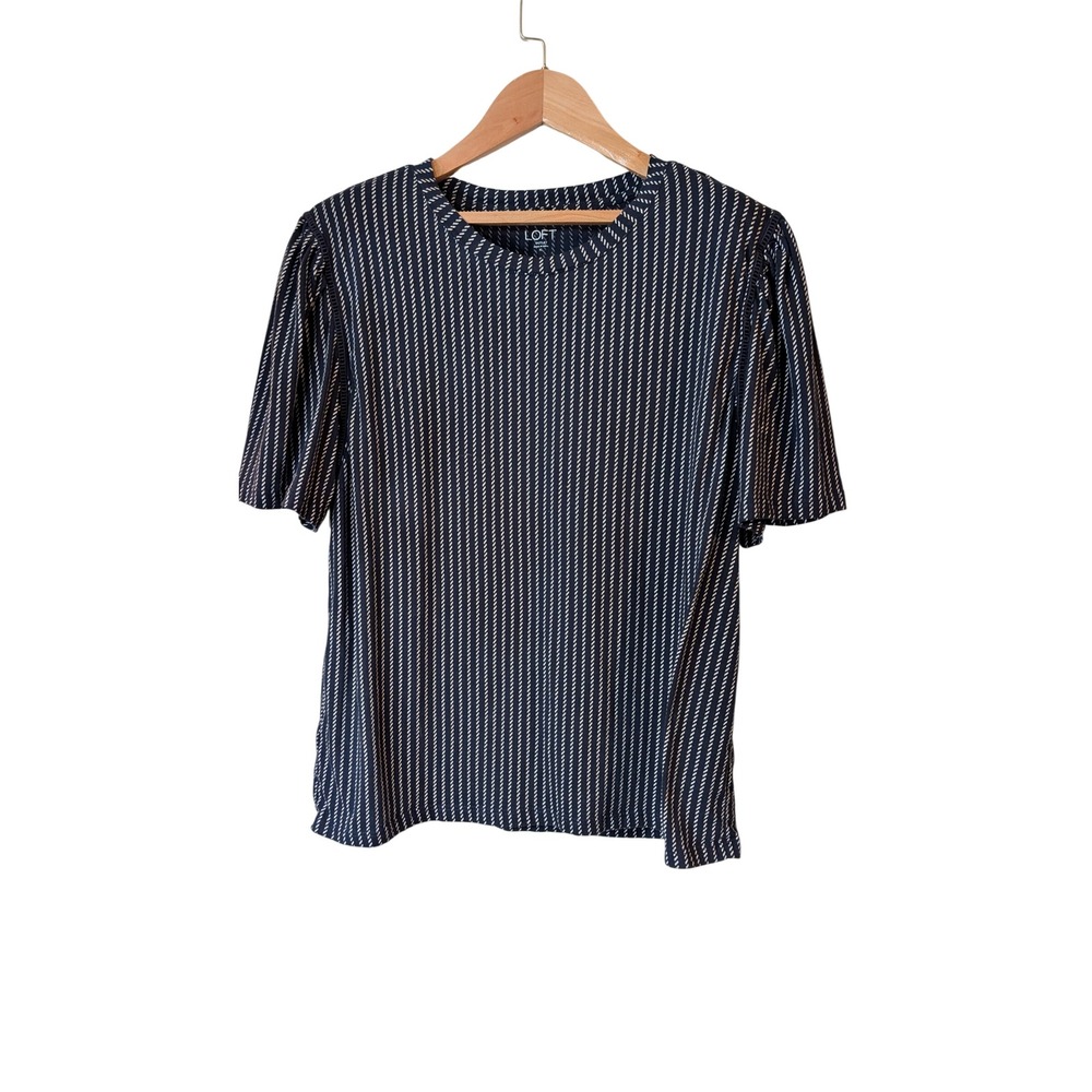 Loft Outlet Navy Blue White Striped Puff Sleeve Lace Trim Cotton Top XL